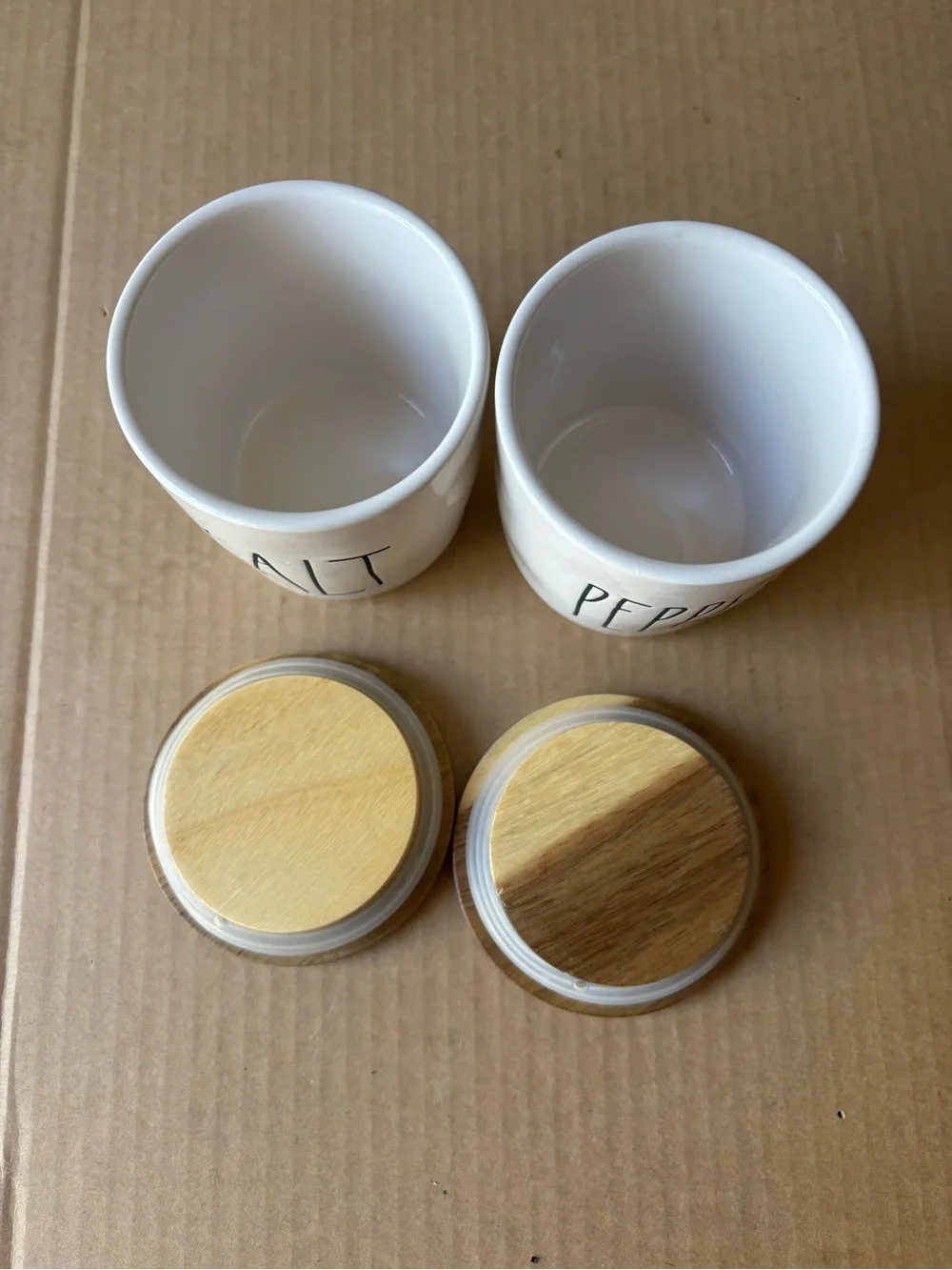 Rae Dunn Salt and Pepper Ceramic Canisters with Wooden Lids - White